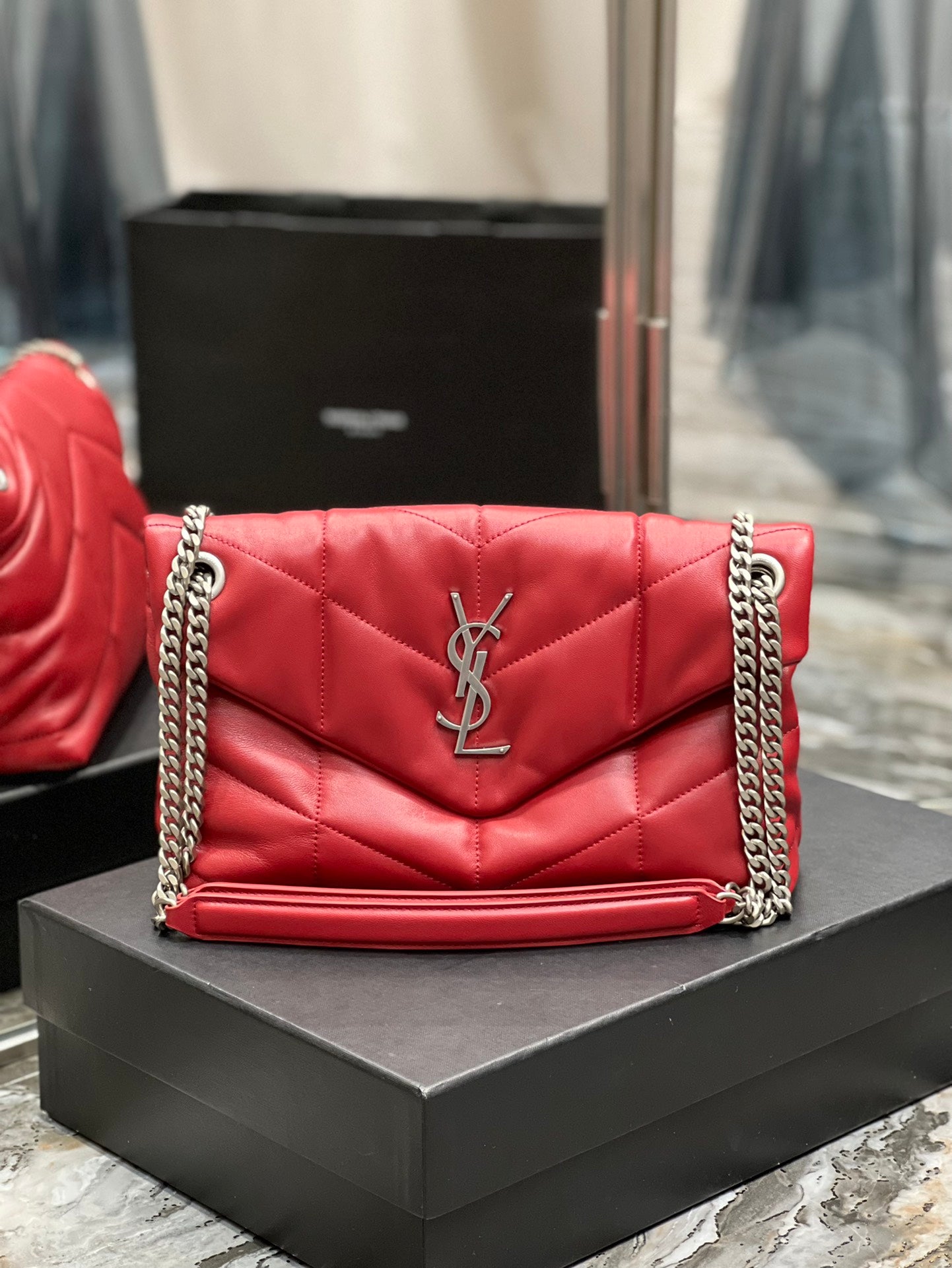 Saint Laurent Small Loulou Puffer Bag in Quilted Lambskin Red with Silver Hardware