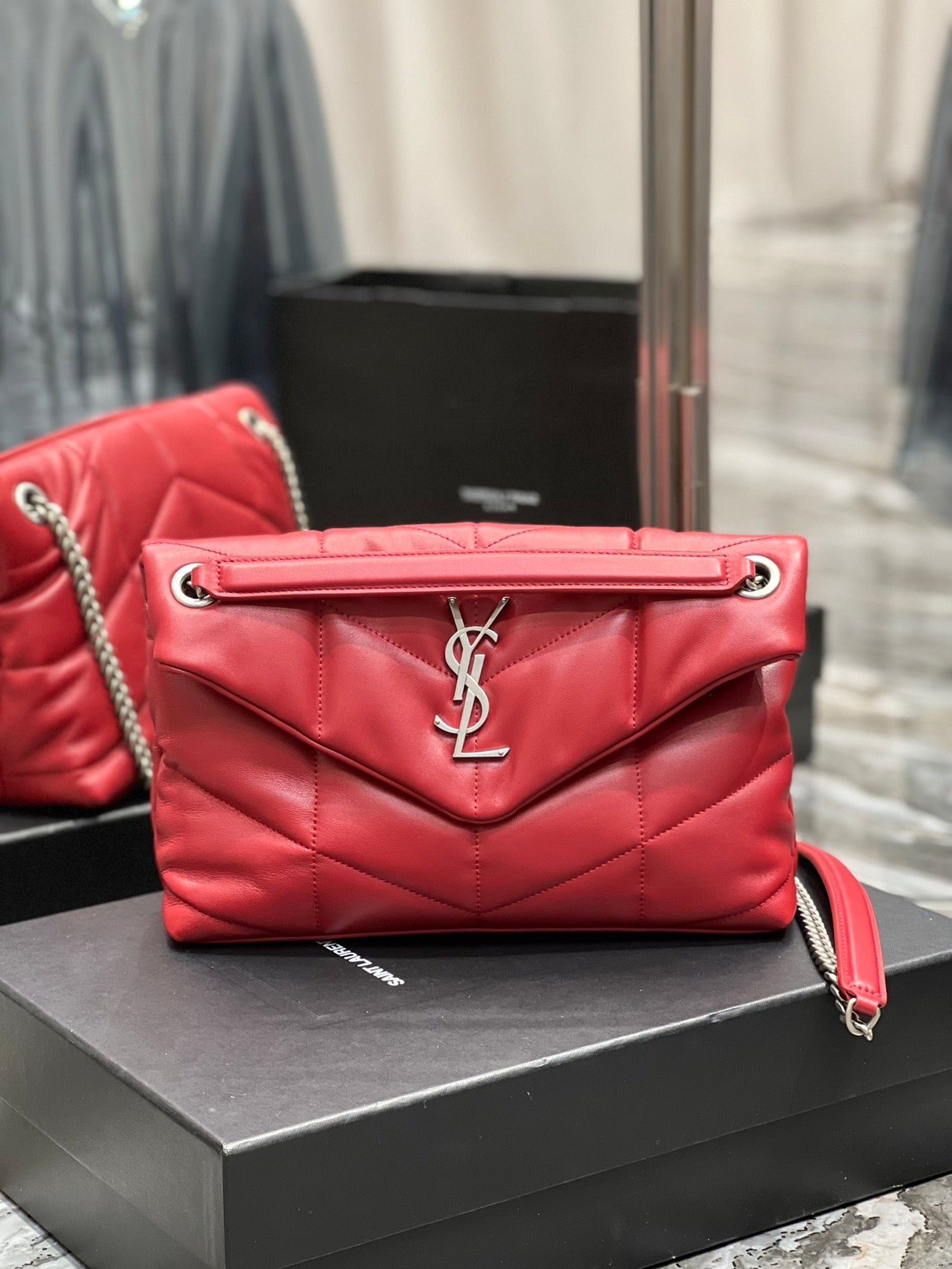Saint Laurent Small Loulou Puffer Bag in Quilted Lambskin Red with Silver Hardware