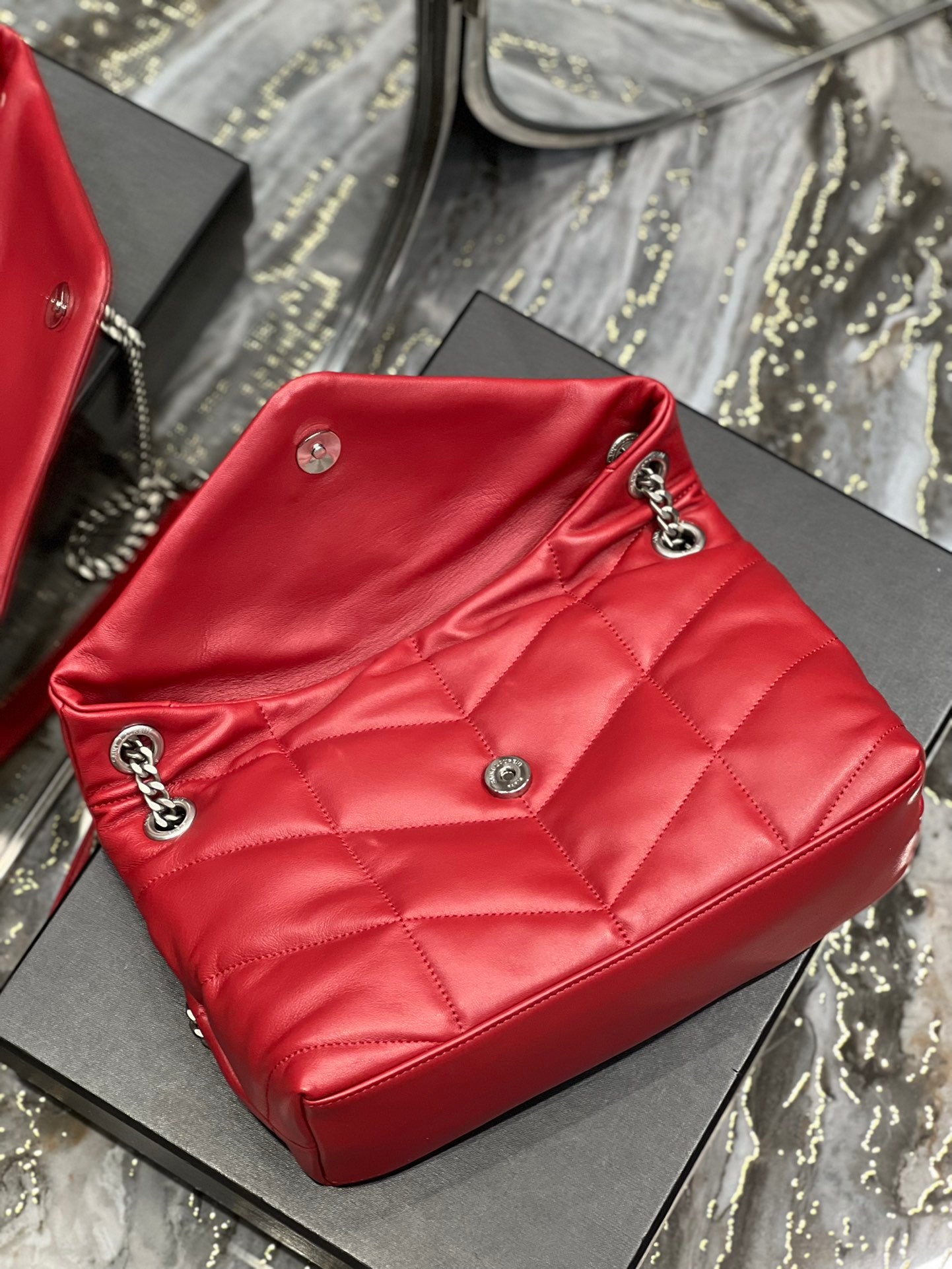 Saint Laurent Small Loulou Puffer Bag in Quilted Lambskin Red with Silver Hardware