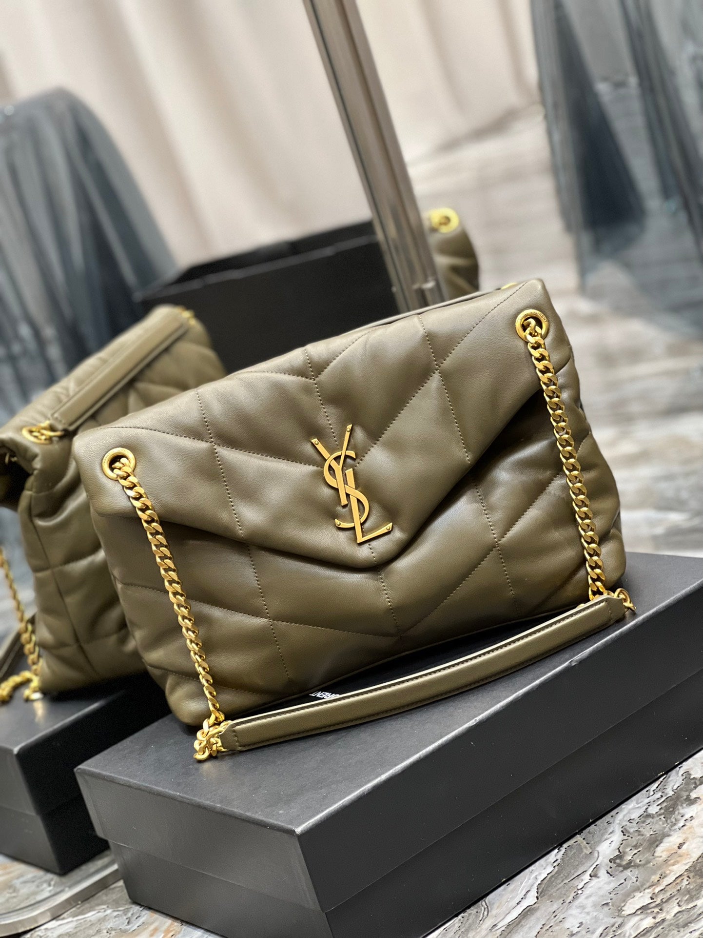 Saint Laurent Loulou Puffer Small Quilted Leather Chain Bag - Olive Green