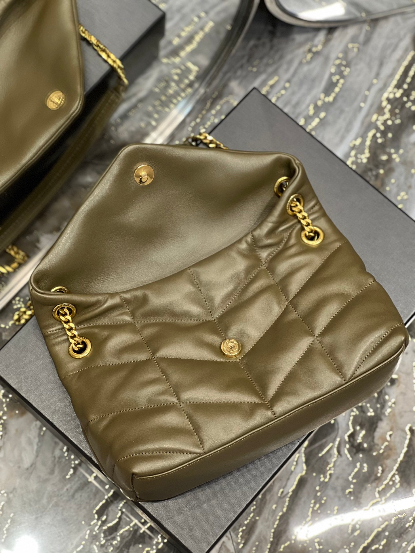 Saint Laurent Small Loulou Puffer Bag in Quilted Lambskin - Olive Green with Gold Hardware