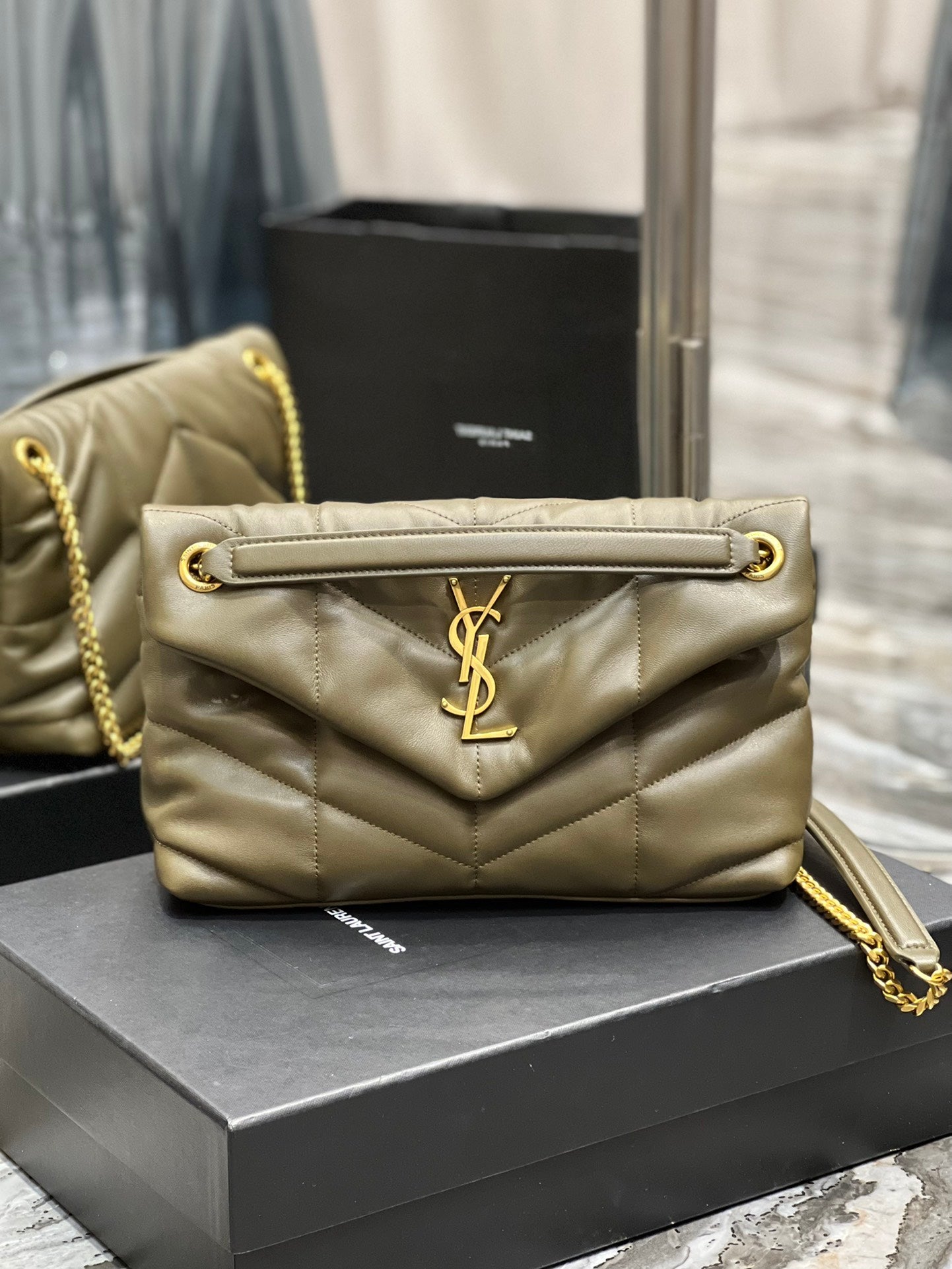 Saint Laurent Small Loulou Puffer Bag in Quilted Lambskin - Olive Green with Gold Hardware