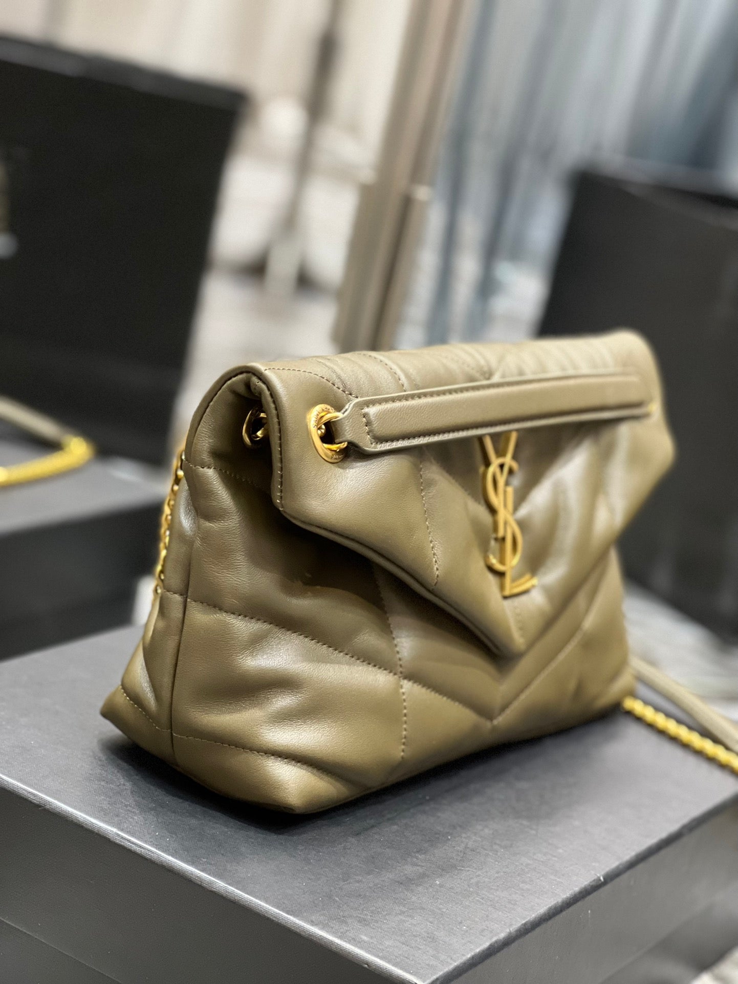 Saint Laurent Small Loulou Puffer Bag in Quilted Lambskin - Olive Green with Gold Hardware