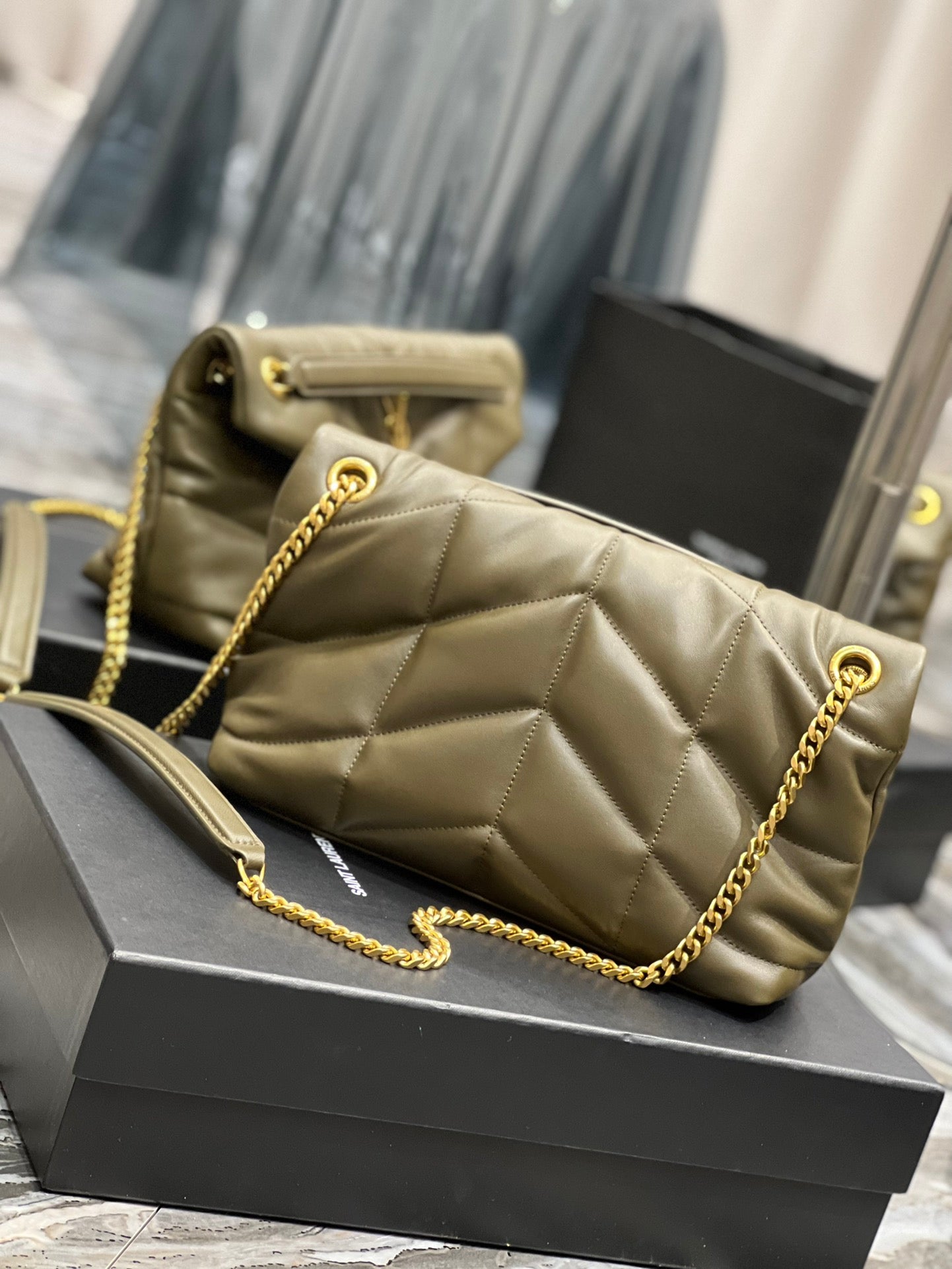 Saint Laurent Small Loulou Puffer Bag in Quilted Lambskin - Olive Green with Gold Hardware