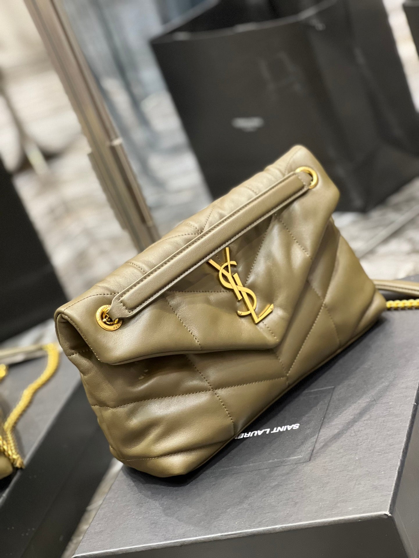 Saint Laurent Small Loulou Puffer Bag in Quilted Lambskin - Olive Green with Gold Hardware