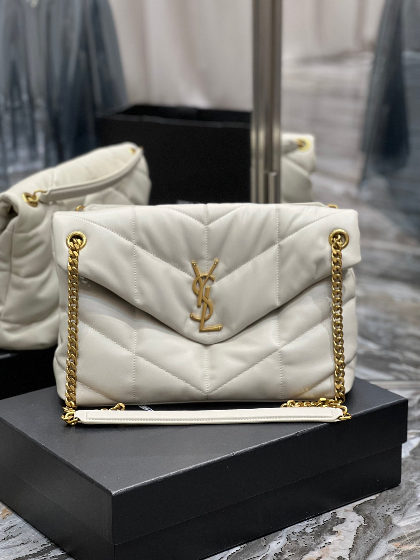 Saint Laurent Small Loulou Puffer Bag in Quilted Lambskin - Off-White/Gold