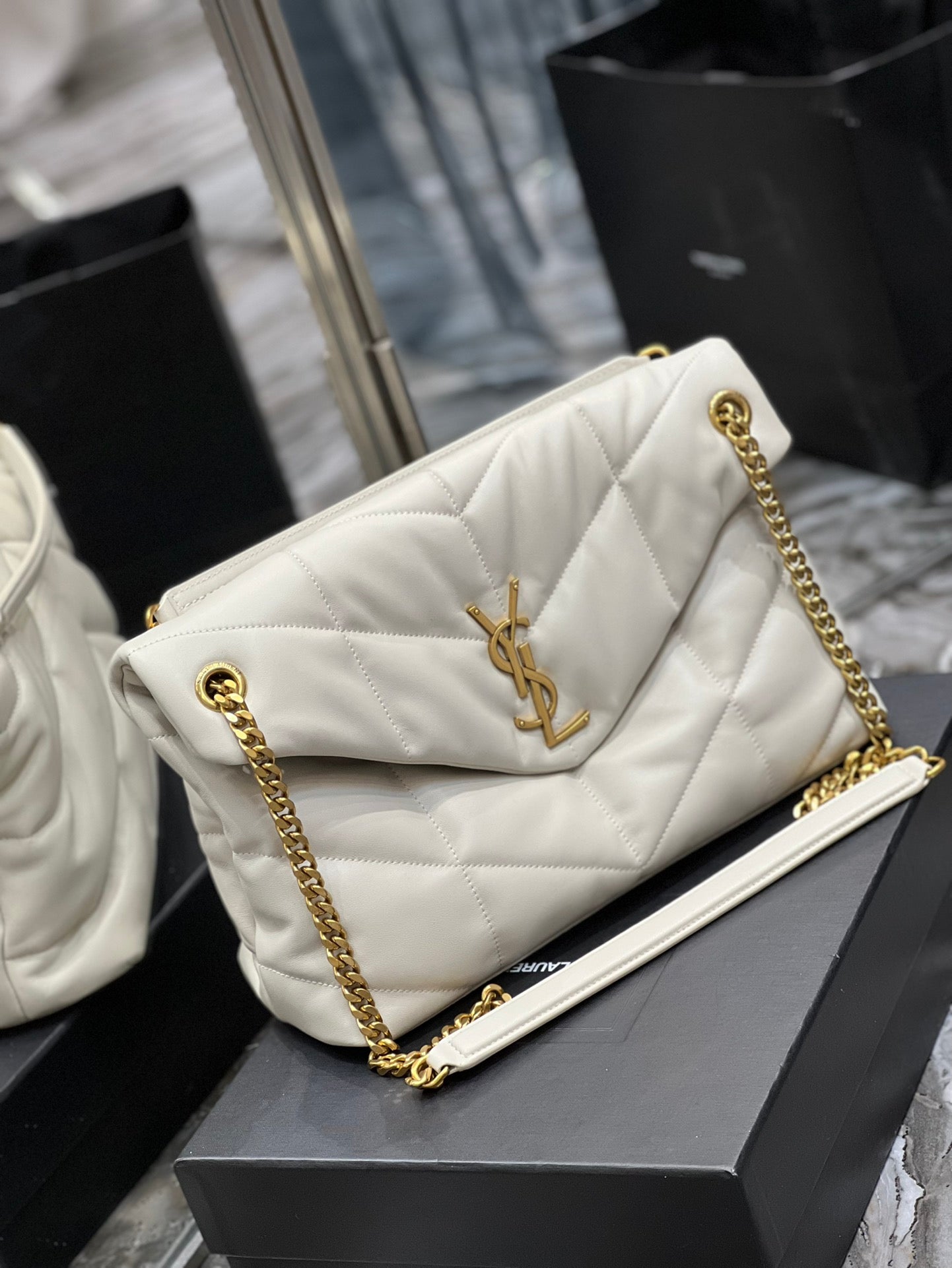 Saint Laurent Small Loulou Puffer Bag in Quilted Lambskin - Off-White/Gold