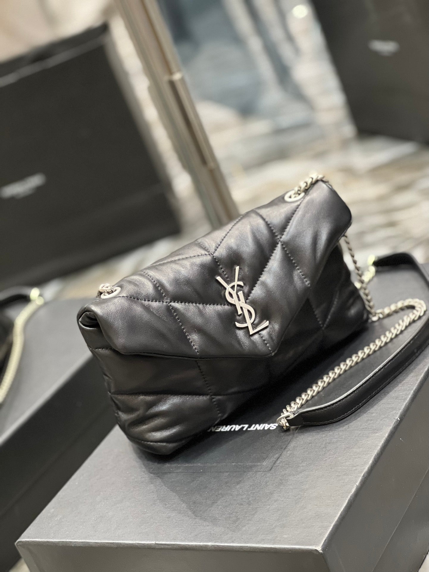 Saint Laurent Loulou Toy Puffer Bag in Quilted Lambskin - Black with Silver Hardware