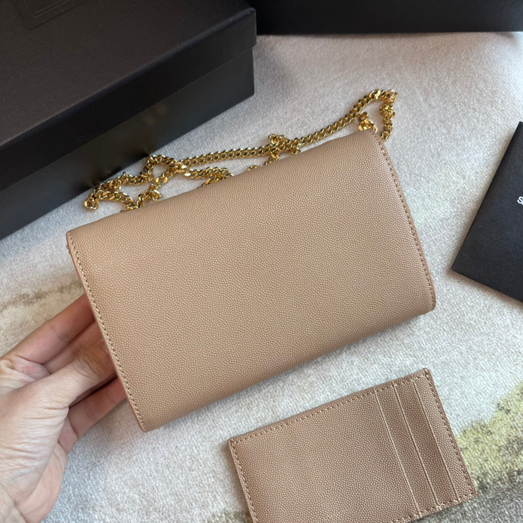 Saint Laurent Uptown Chain Wallet in Beige Leather with Gold-Tone Hardware