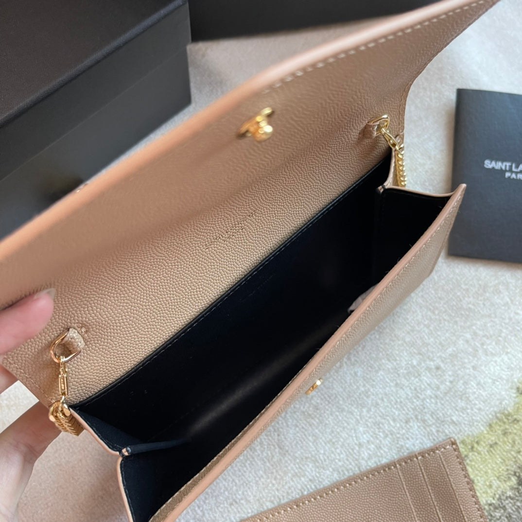 Saint Laurent Uptown Chain Wallet in Beige Leather with Gold-Tone Hardware
