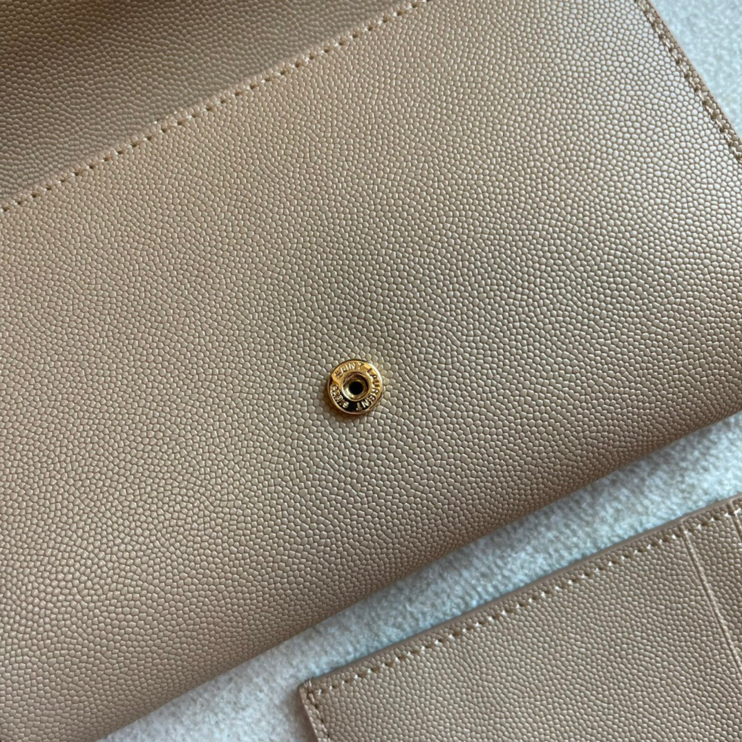 Saint Laurent Uptown Chain Wallet in Beige Leather with Gold-Tone Hardware
