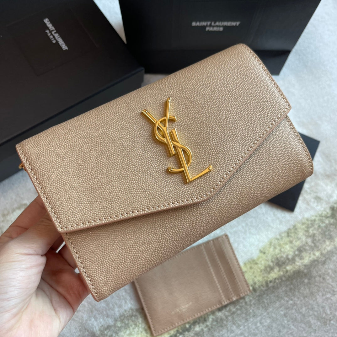 Saint Laurent Uptown Chain Wallet in Beige Leather with Gold-Tone Hardware