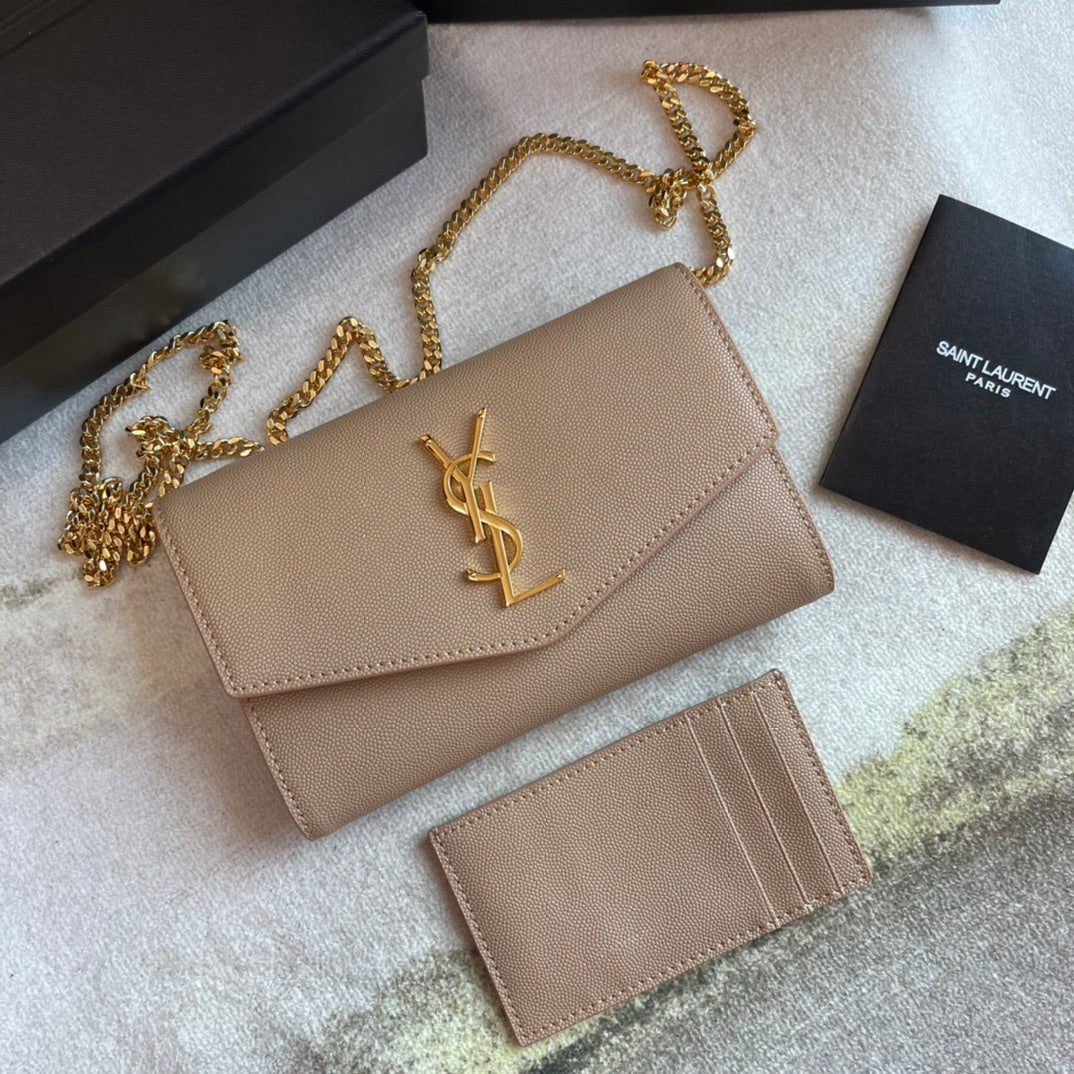 Saint Laurent Uptown Chain Wallet in Beige Leather with Gold-Tone Hardware