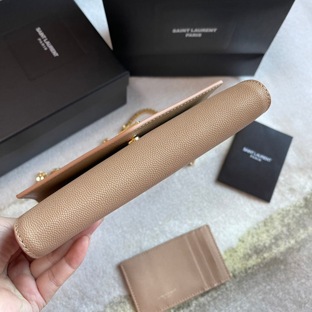 Saint Laurent Uptown Chain Wallet in Beige Leather with Gold-Tone Hardware
