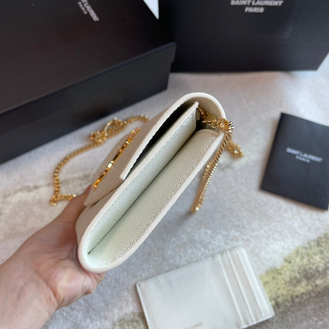 Saint Laurent Cassandre Wallet on Chain in White Leather with Gold Hardware