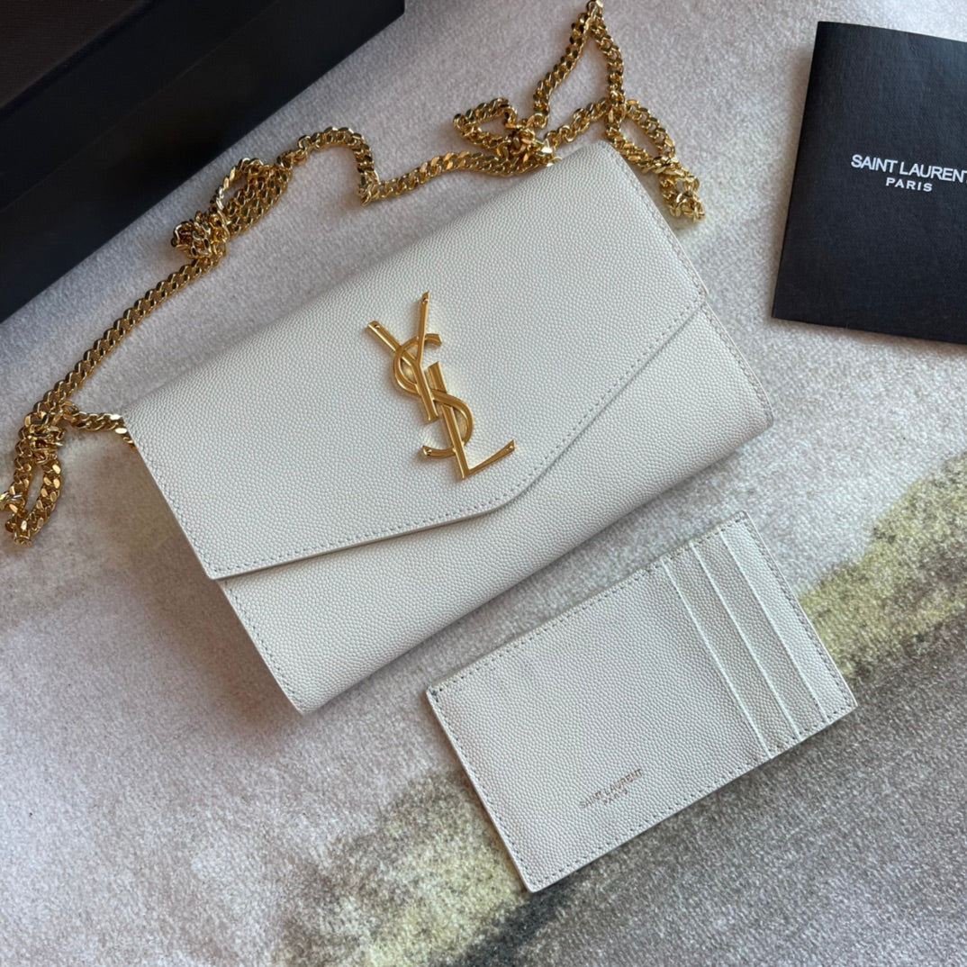 Saint Laurent Cassandre Wallet on Chain in White Leather with Gold Hardware