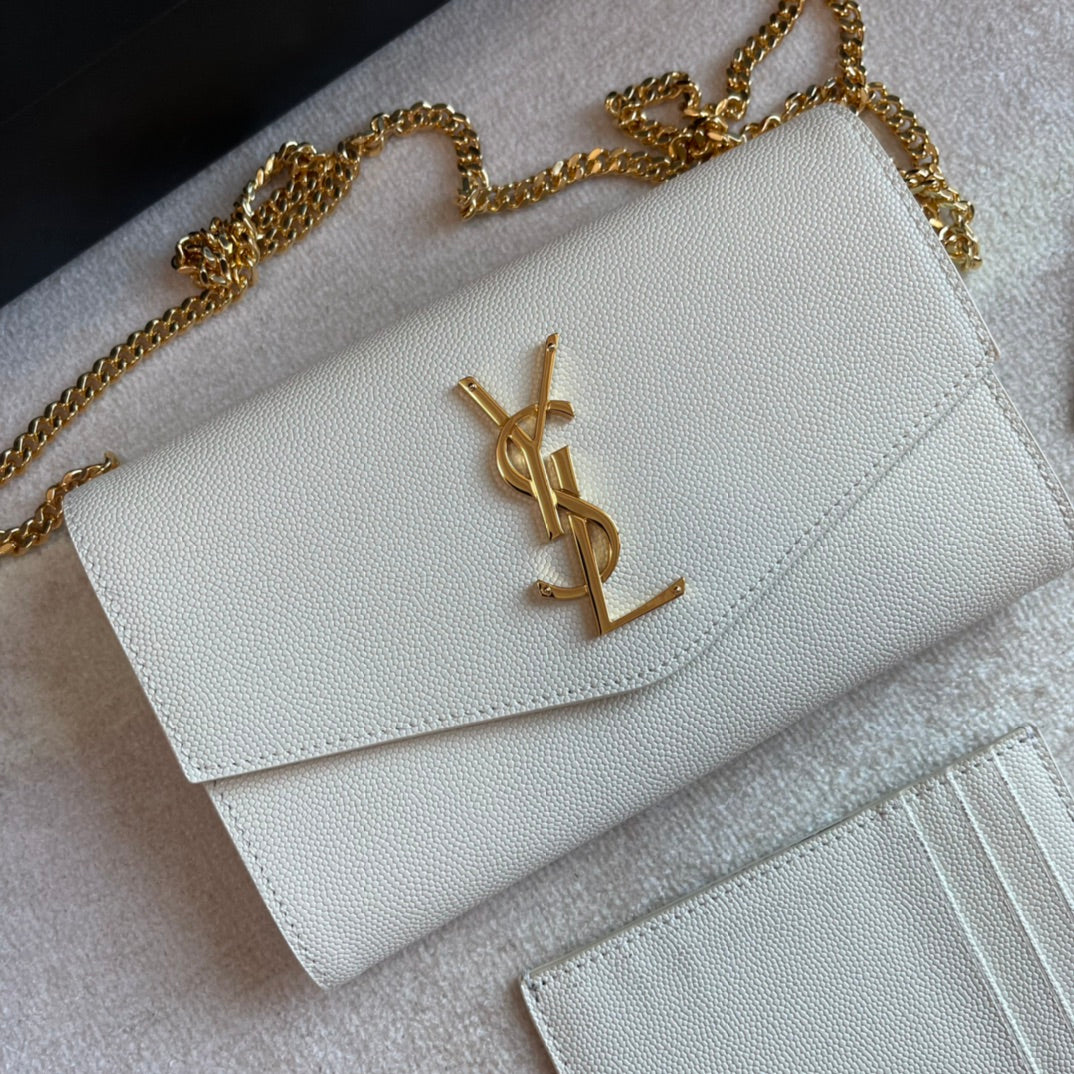 Saint Laurent Cassandre Wallet on Chain in White Leather with Gold Hardware