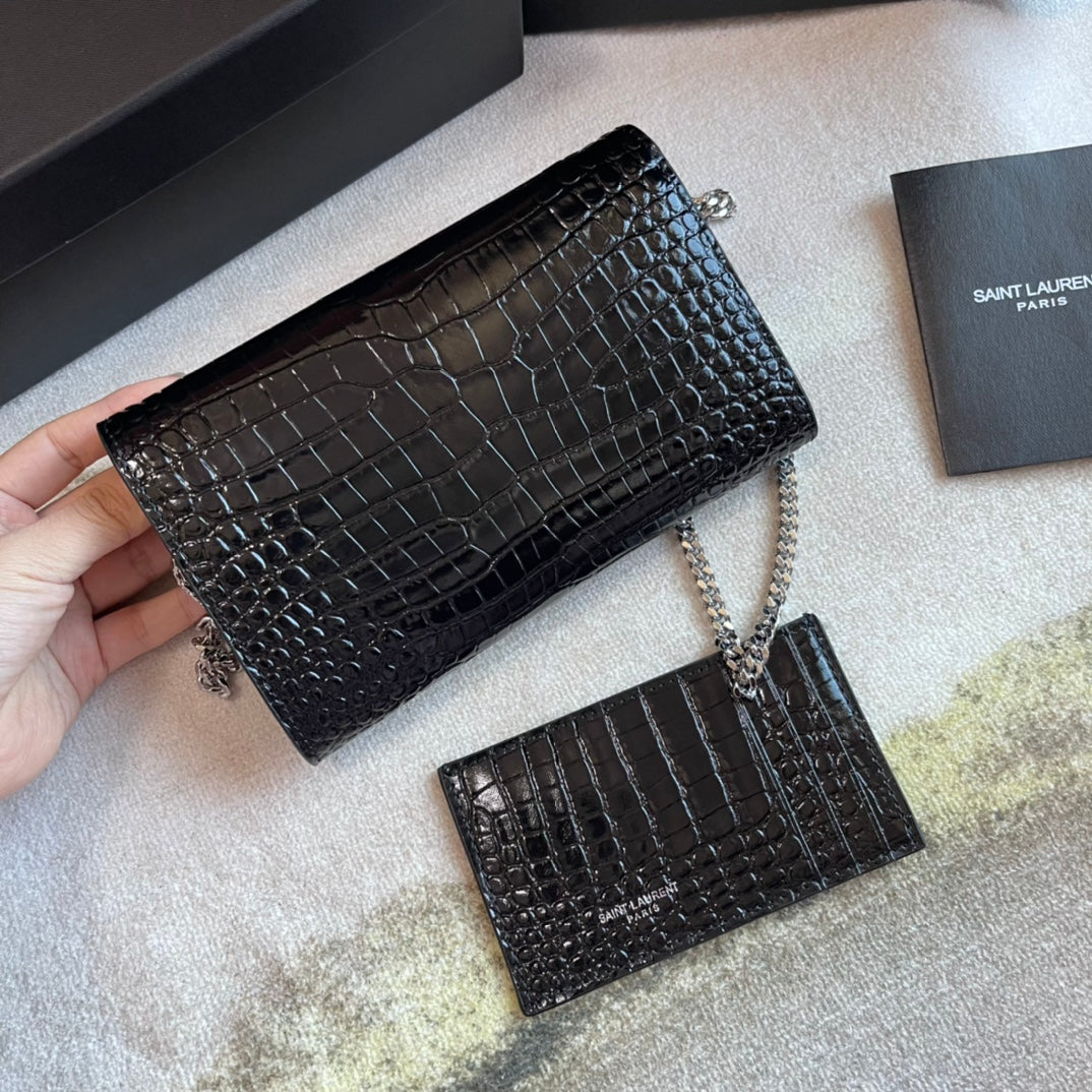 Saint Laurent Cassandre Envelope Chain Wallet in Croc-Embossed Leather - Black