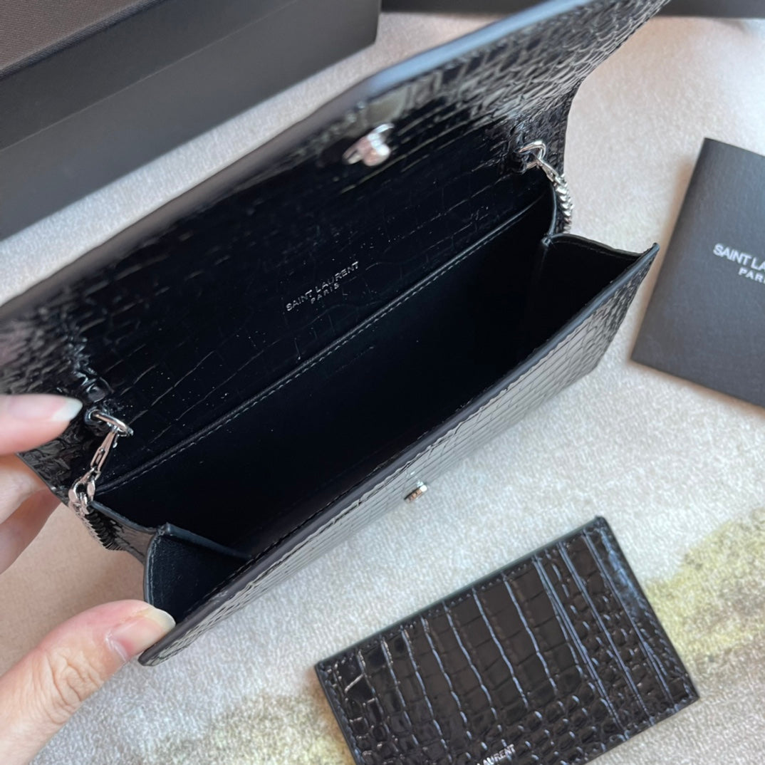 Saint Laurent Cassandre Envelope Chain Wallet in Croc-Embossed Leather - Black