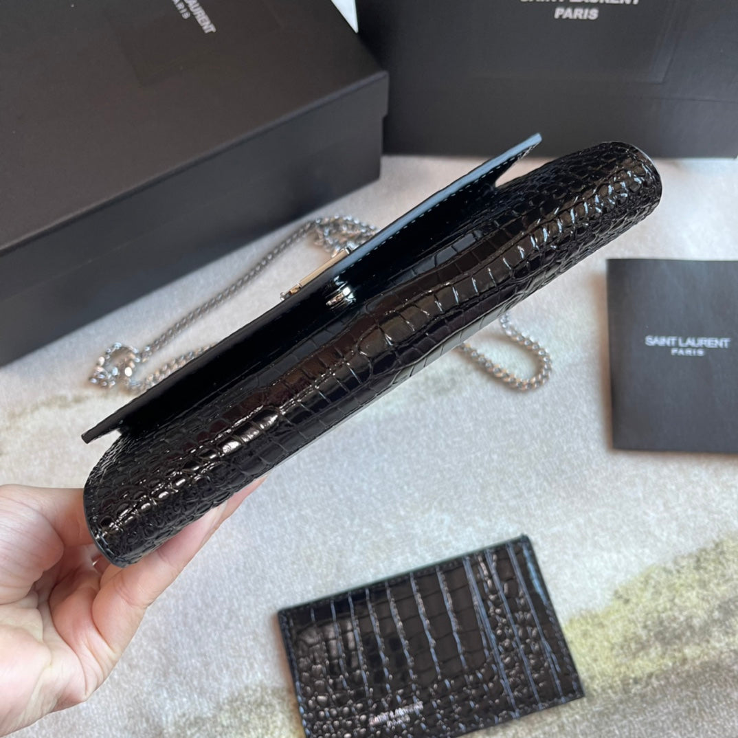 Saint Laurent Cassandre Envelope Chain Wallet in Croc-Embossed Leather - Black