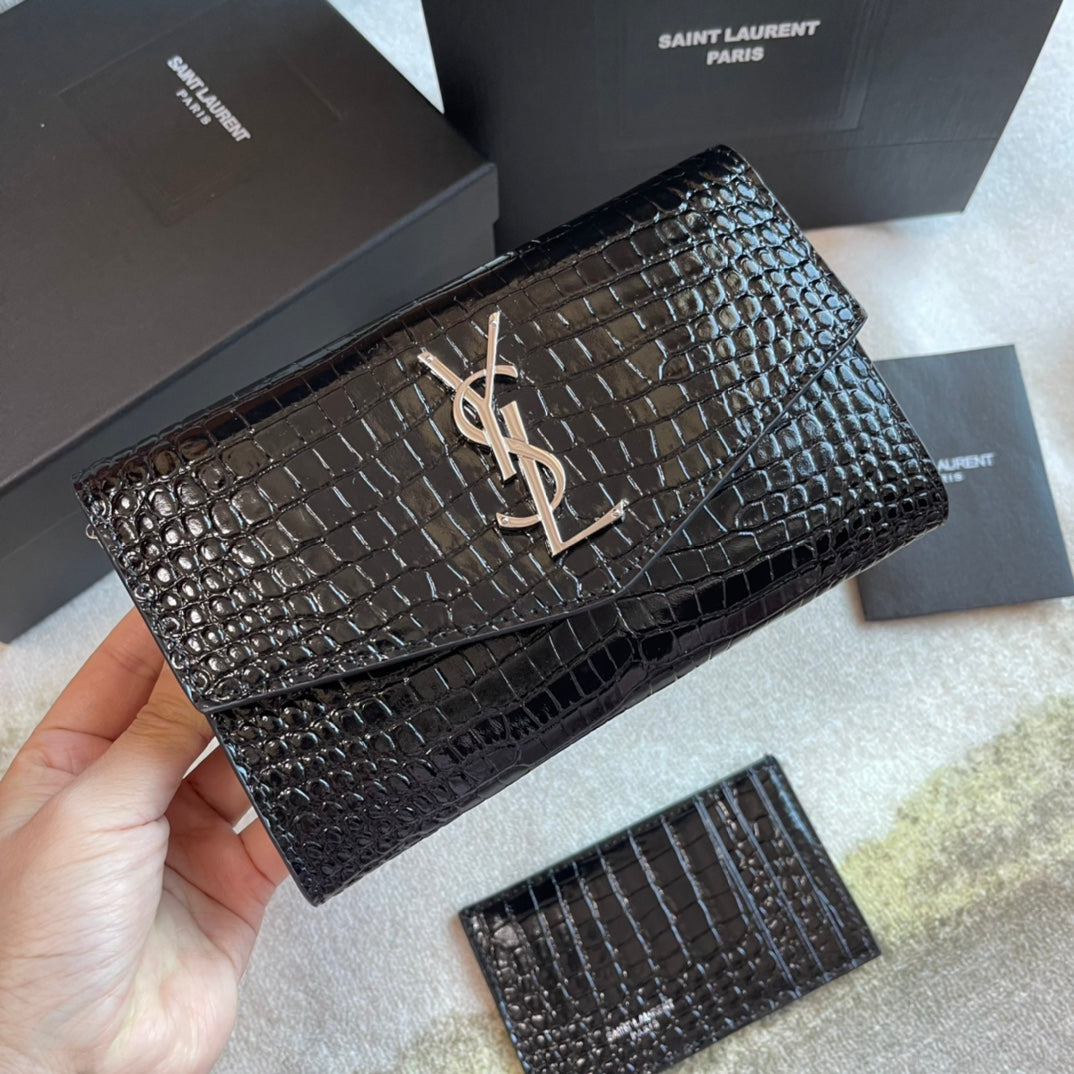 Saint Laurent Cassandre Envelope Chain Wallet in Croc-Embossed Leather - Black