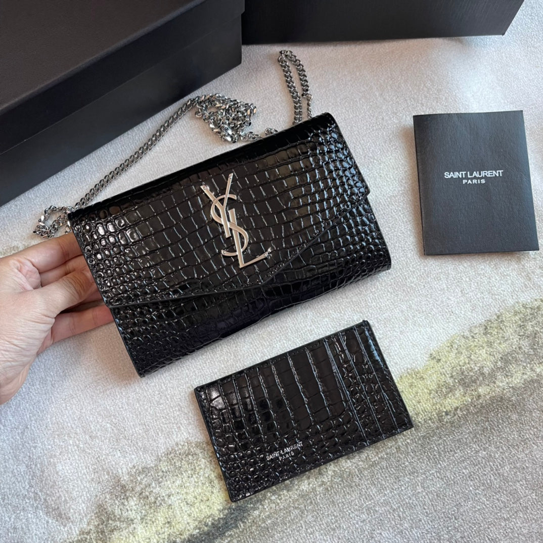 Saint Laurent Cassandre Envelope Chain Wallet in Croc-Embossed Leather - Black
