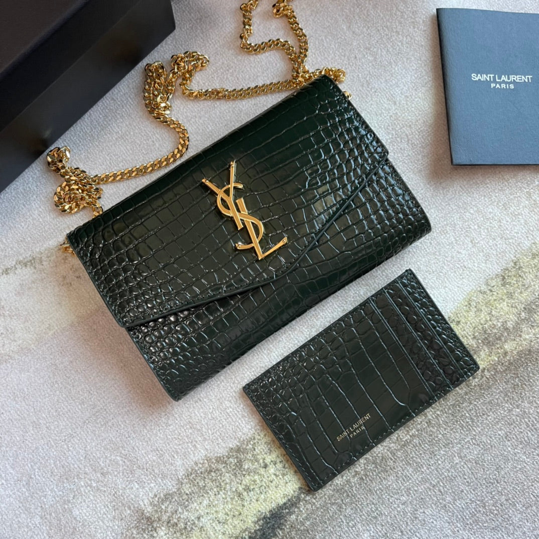 Saint Laurent Monogram Envelope Chain Wallet - Dark Green Crocodile-Embossed Leather