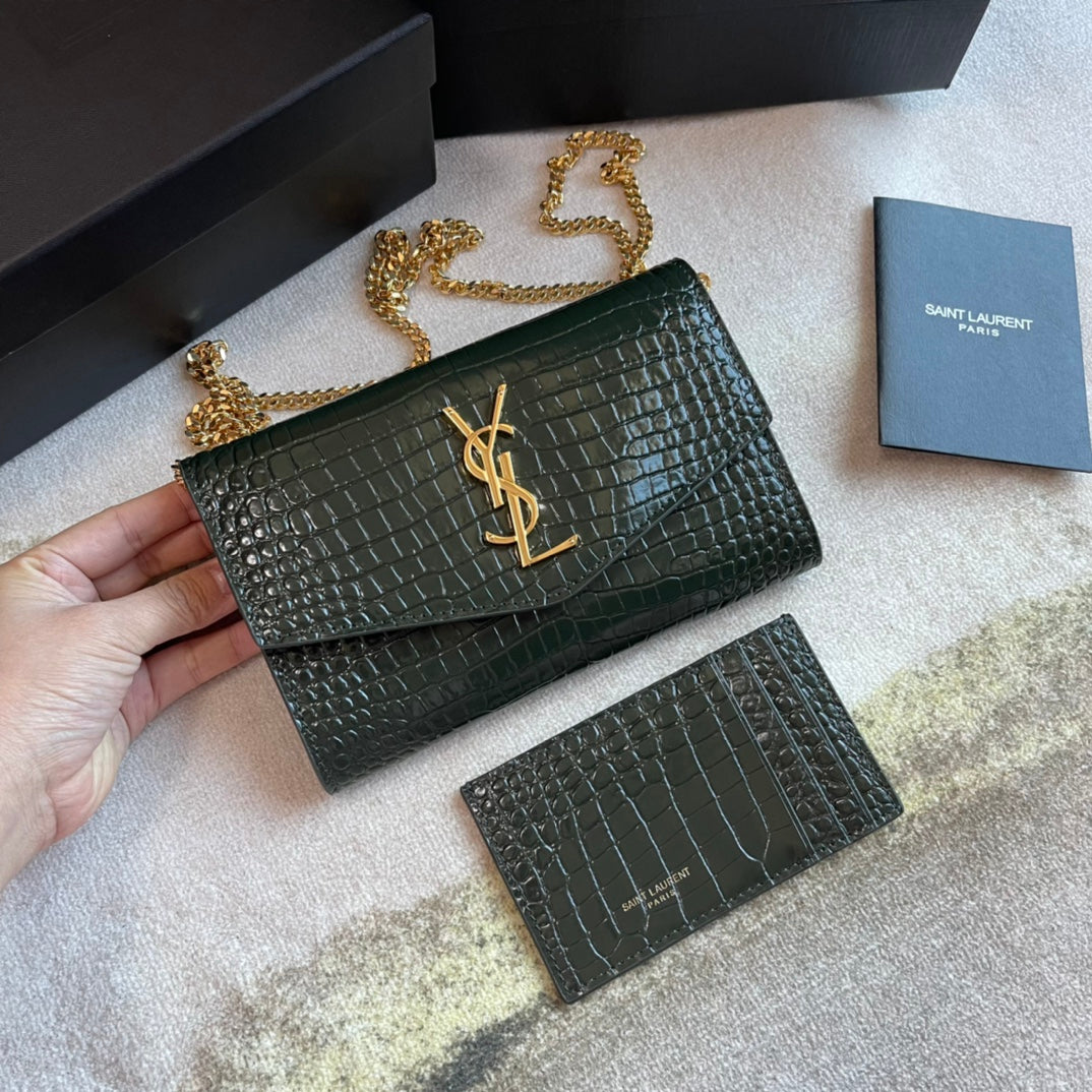 Saint Laurent Monogram Envelope Chain Wallet - Dark Green Crocodile-Embossed Leather