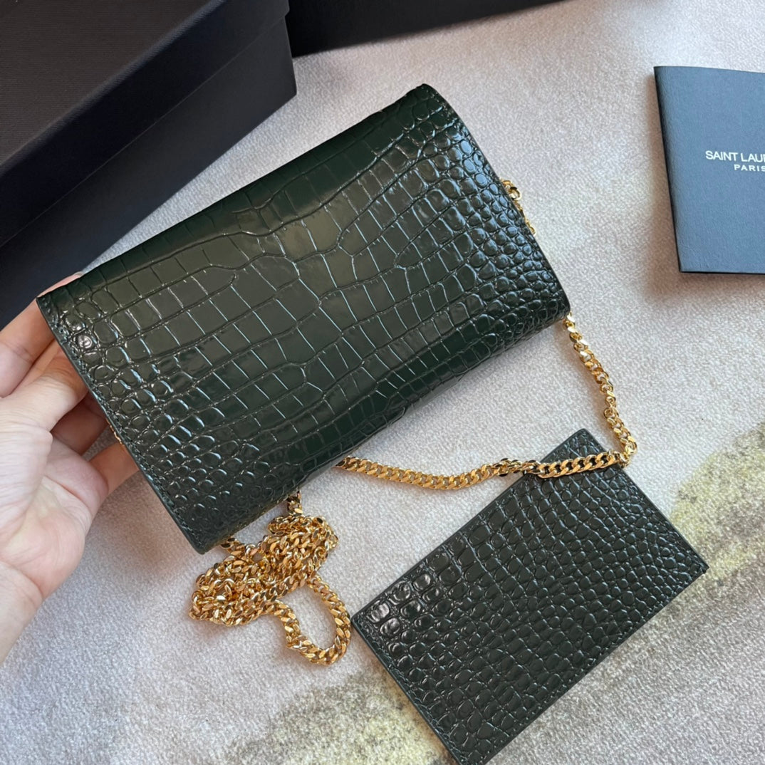 Saint Laurent Monogram Envelope Chain Wallet - Dark Green Crocodile-Embossed Leather