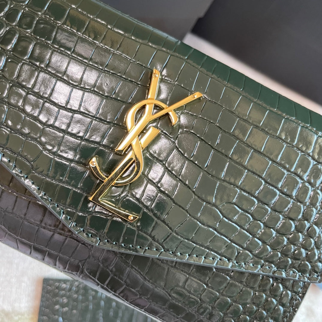 Saint Laurent Monogram Envelope Chain Wallet - Dark Green Crocodile-Embossed Leather