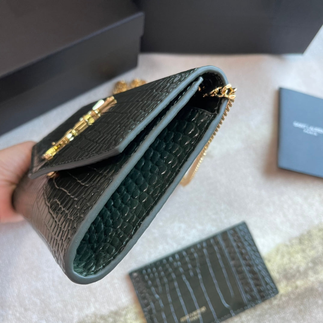 Saint Laurent Monogram Envelope Chain Wallet - Dark Green Crocodile-Embossed Leather