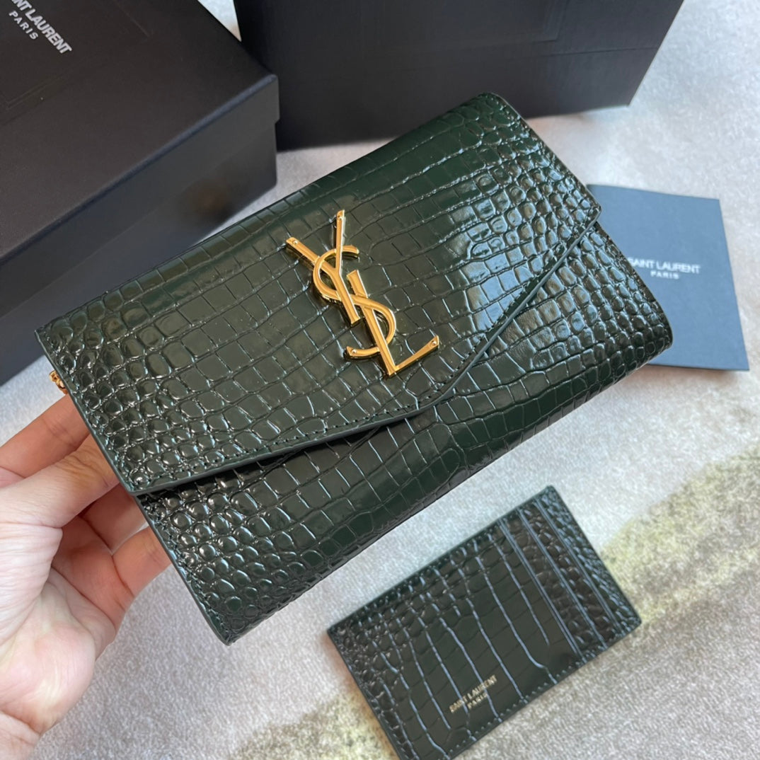 Saint Laurent Monogram Envelope Chain Wallet - Dark Green Crocodile-Embossed Leather