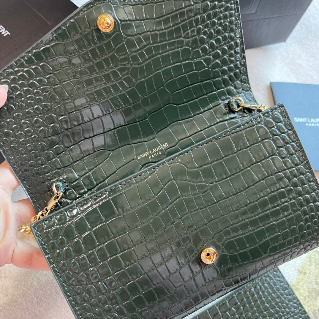 Saint Laurent Monogram Envelope Chain Wallet - Dark Green Crocodile-Embossed Leather