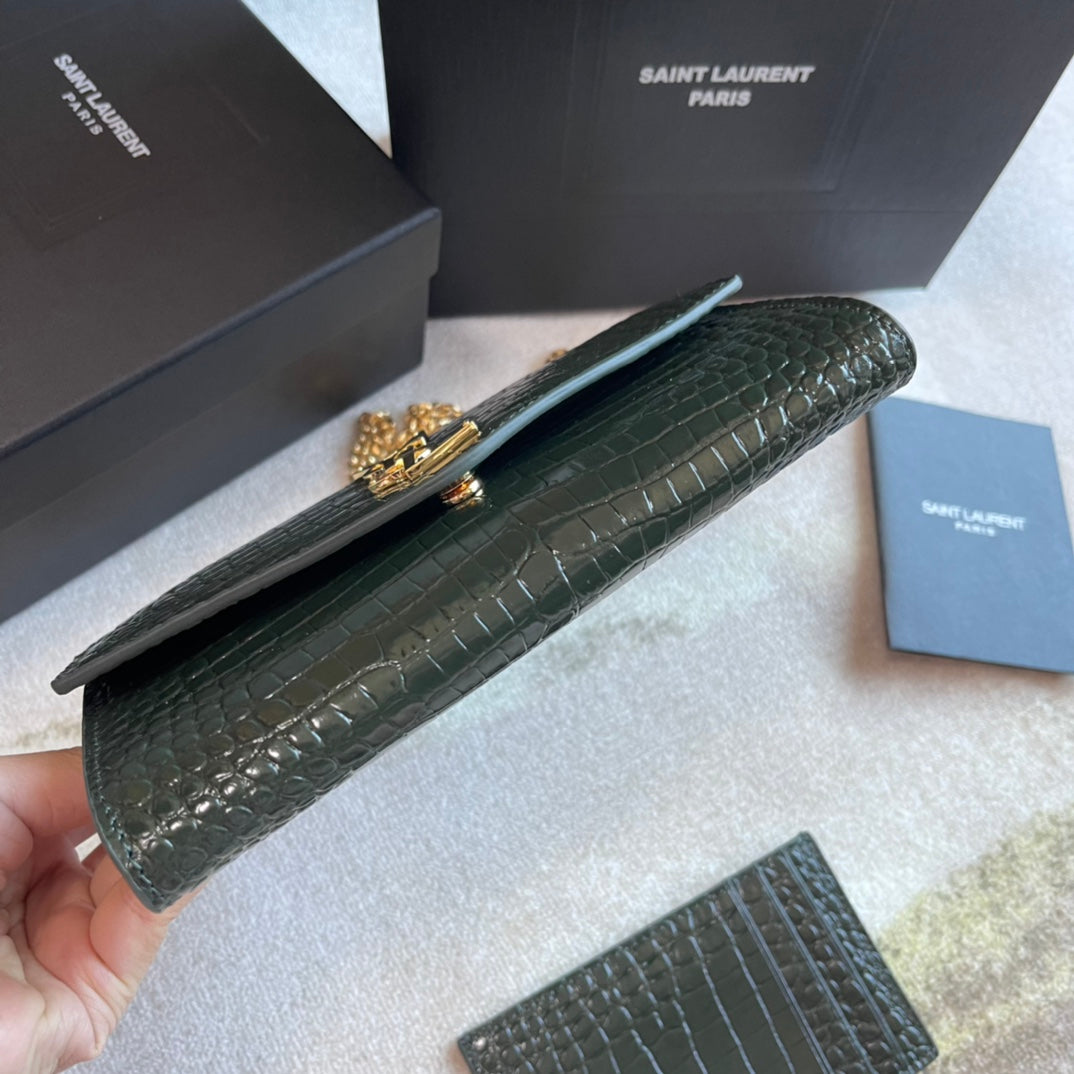 Saint Laurent Monogram Envelope Chain Wallet - Dark Green Crocodile-Embossed Leather