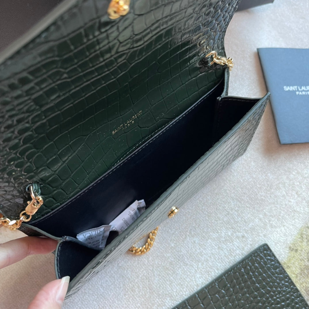 Saint Laurent Monogram Envelope Chain Wallet - Dark Green Crocodile-Embossed Leather