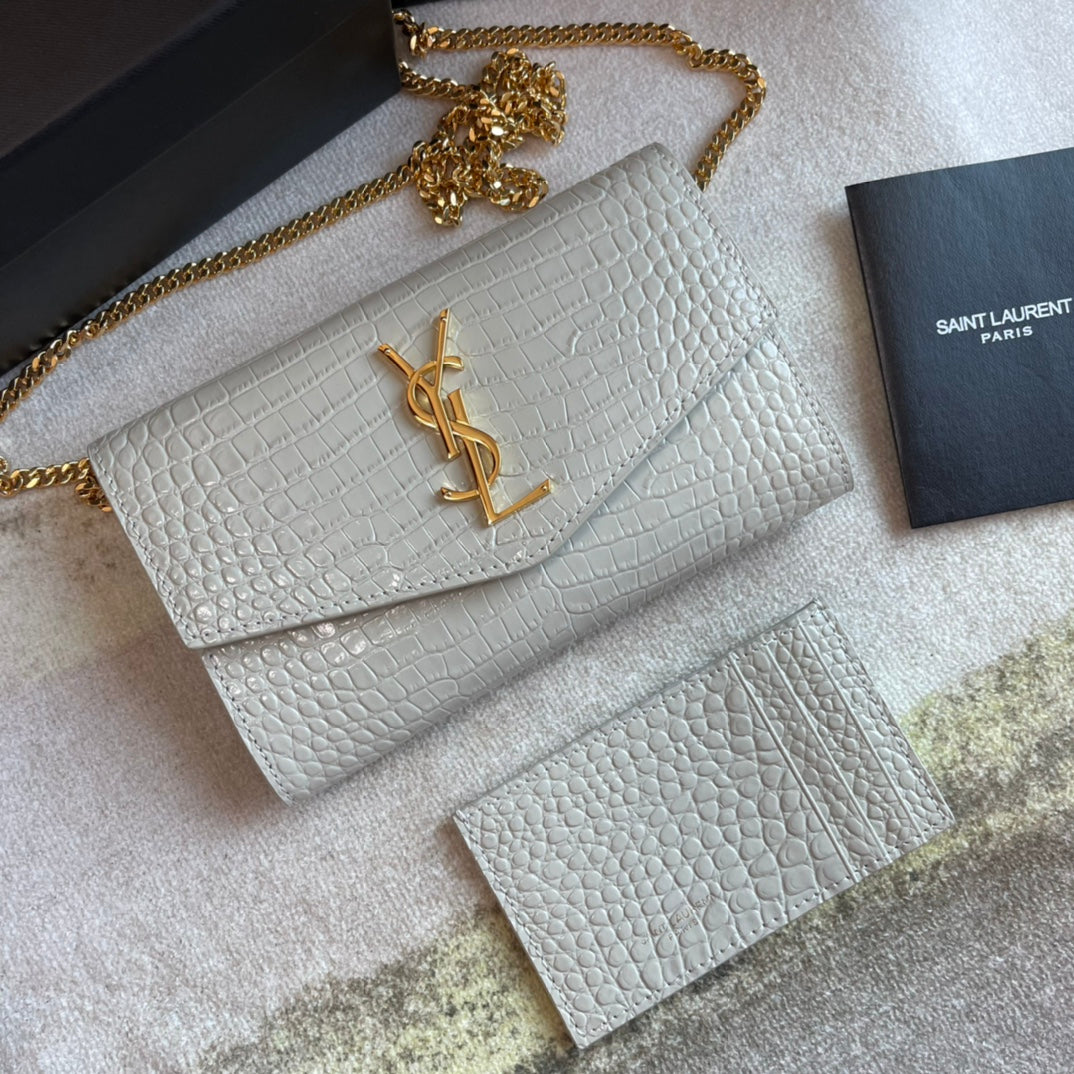 Saint Laurent Cassandre Envelope Chain Wallet in Crocodile-Embossed Leather - White