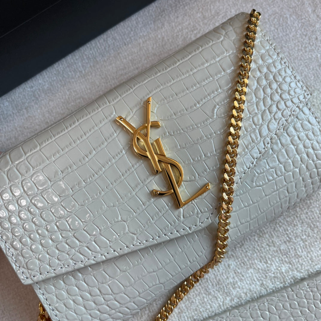 Saint Laurent Cassandre Envelope Chain Wallet in Crocodile-Embossed Leather - White