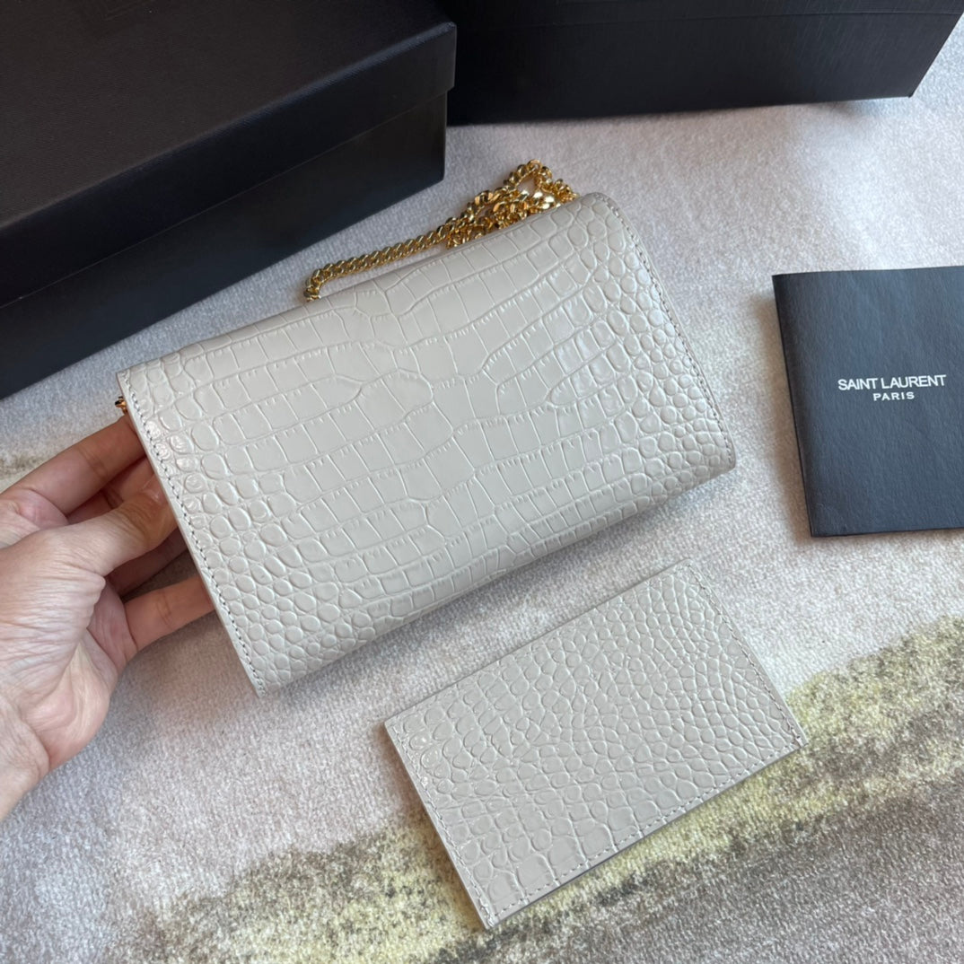 Saint Laurent Cassandre Envelope Chain Wallet in Crocodile-Embossed Leather - White