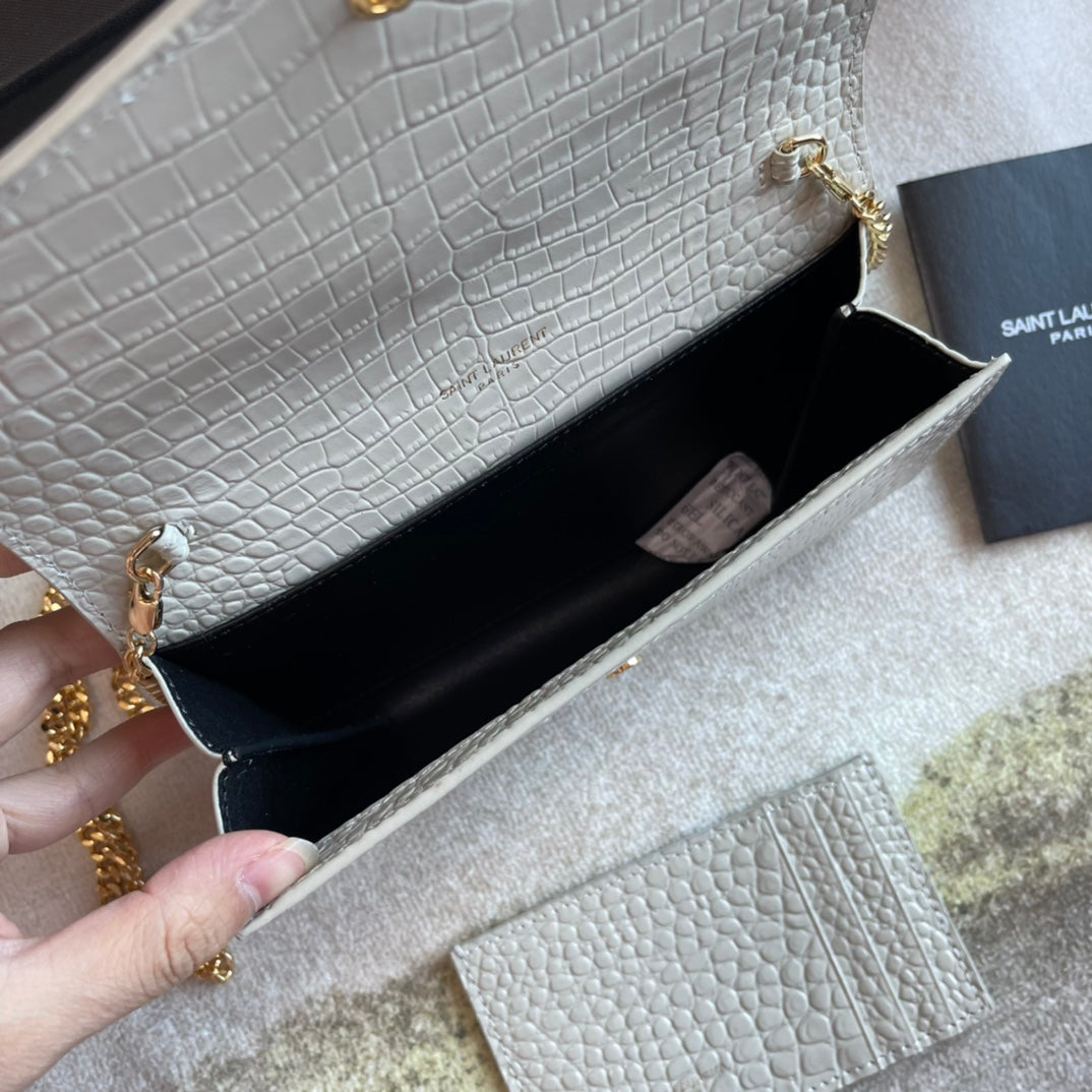Saint Laurent Cassandre Envelope Chain Wallet in Crocodile-Embossed Leather - White