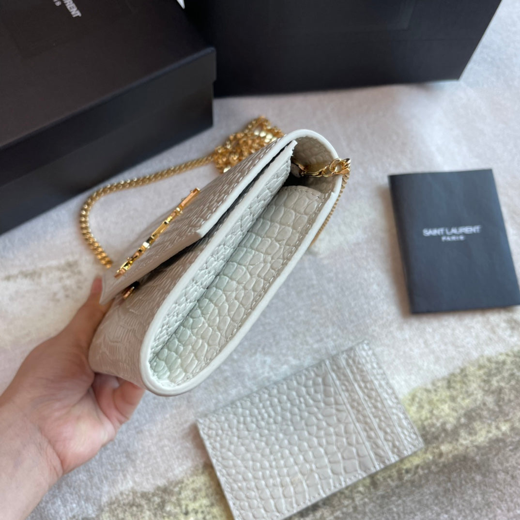 Saint Laurent Cassandre Envelope Chain Wallet in Crocodile-Embossed Leather - White