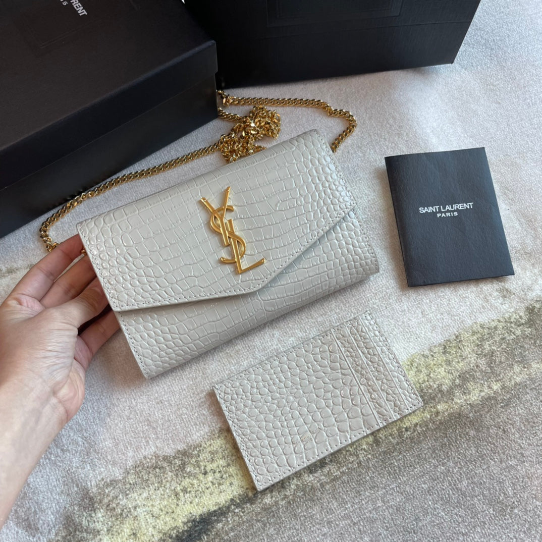 Saint Laurent Cassandre Envelope Chain Wallet in Crocodile-Embossed Leather - White