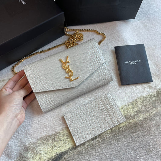 Saint Laurent Cassandre Envelope Chain Wallet in Crocodile-Embossed Leather - White