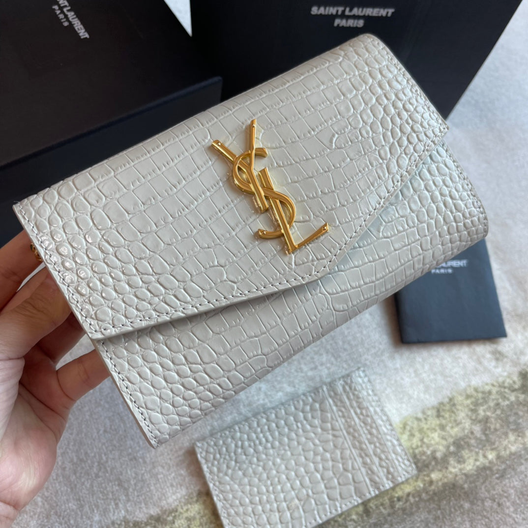 Saint Laurent Cassandre Envelope Chain Wallet in Crocodile-Embossed Leather - White