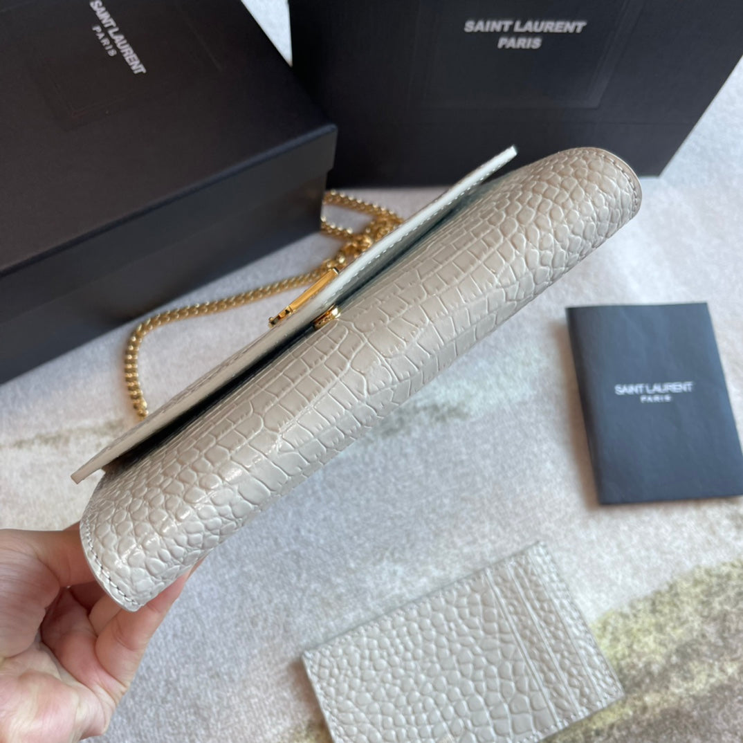 Saint Laurent Cassandre Envelope Chain Wallet in Crocodile-Embossed Leather - White