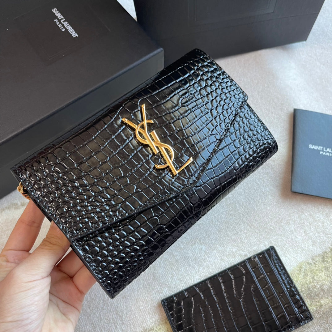 Saint Laurent Cassandre Envelope Chain Wallet in Black Crocodile-Embossed Leather