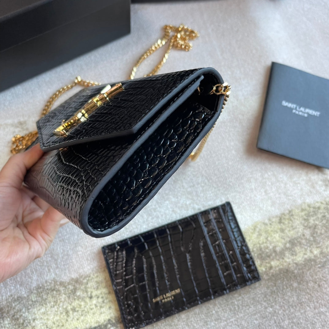 Saint Laurent Cassandre Envelope Chain Wallet in Black Crocodile-Embossed Leather