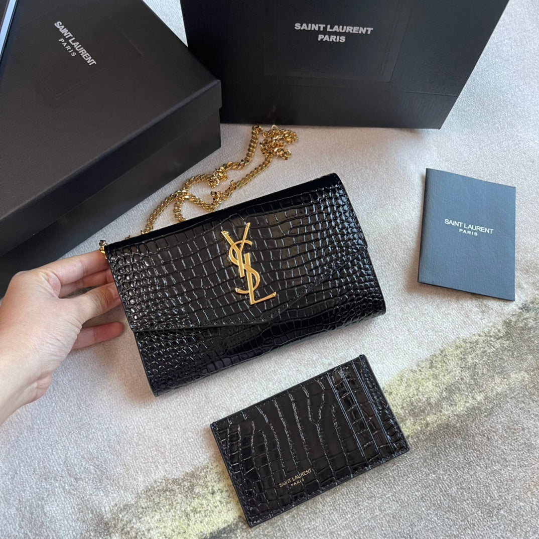 Saint Laurent Cassandre Envelope Chain Wallet in Black Crocodile-Embossed Leather