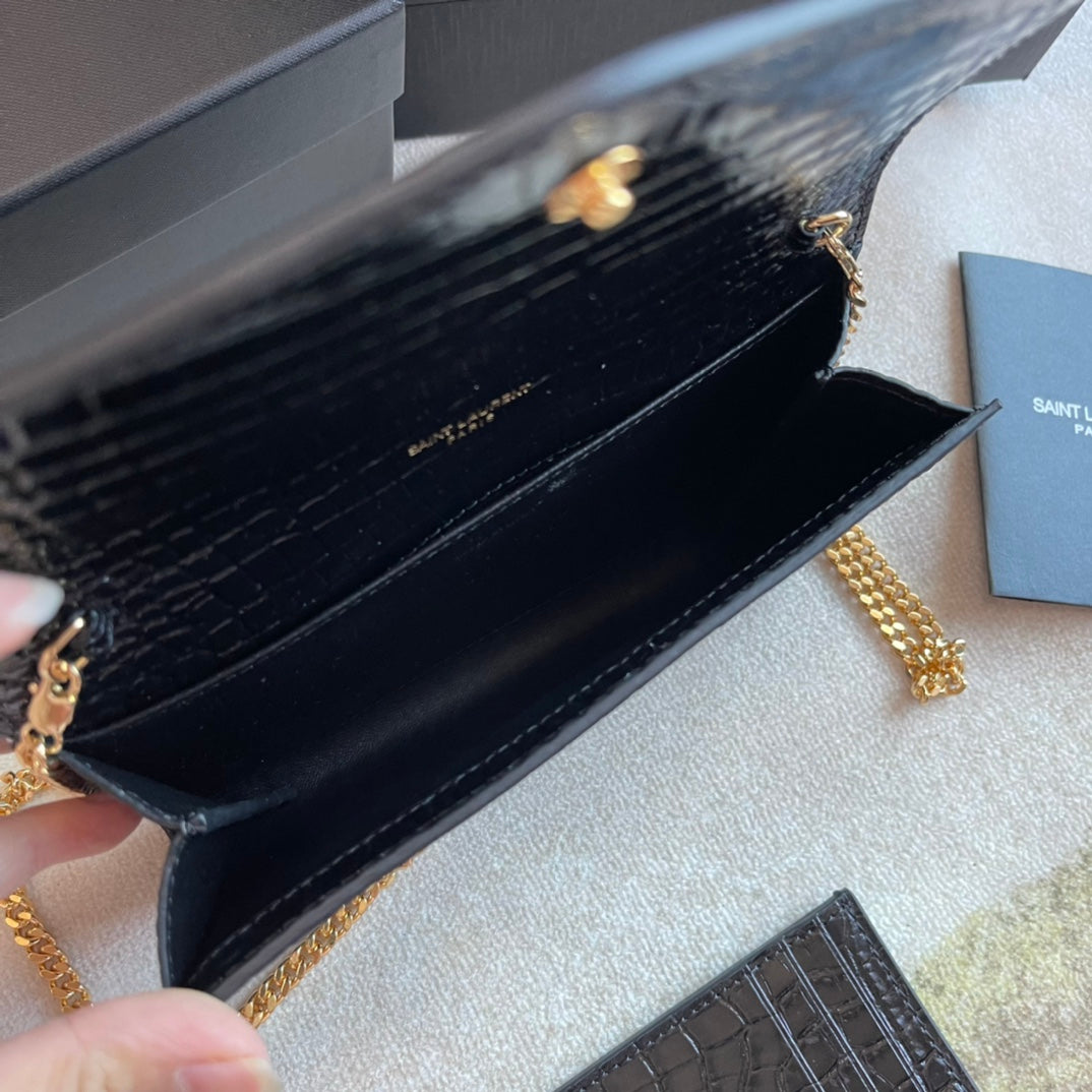 Saint Laurent Cassandre Envelope Chain Wallet in Black Crocodile-Embossed Leather