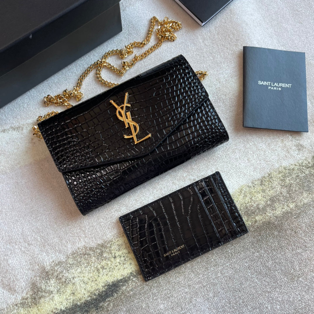 Saint Laurent Cassandre Envelope Chain Wallet in Black Crocodile-Embossed Leather