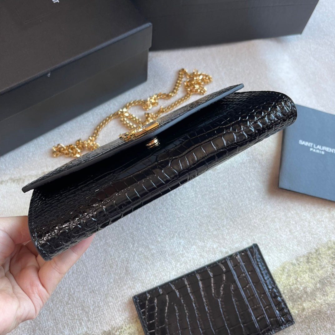Saint Laurent Cassandre Envelope Chain Wallet in Black Crocodile-Embossed Leather